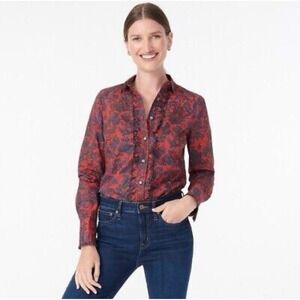 J Crew Collection Scallop Ruffle‎ Perfect Shirt 00 Red Paisley Womens Preppy